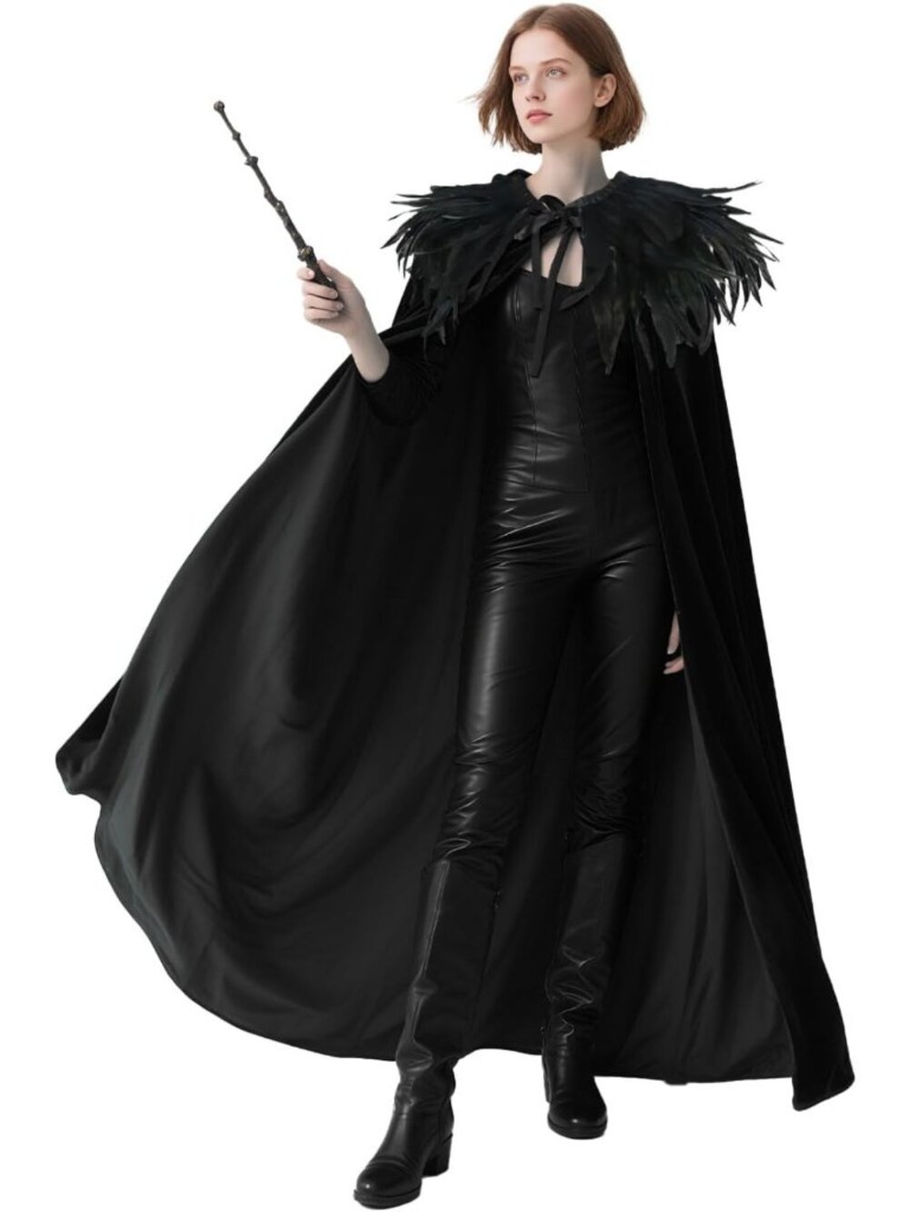 Elegant Velvet Cloak with Feather Cape Shawl for Witch Costume & Halloween
